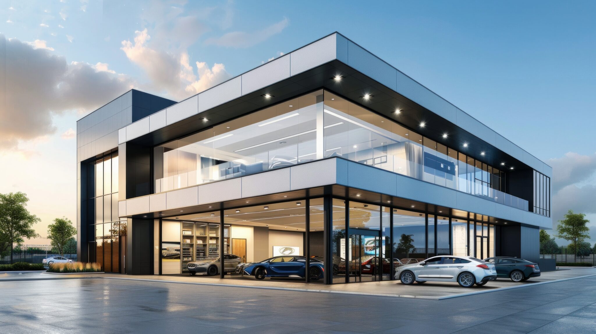 Auto dealership modern glass building.